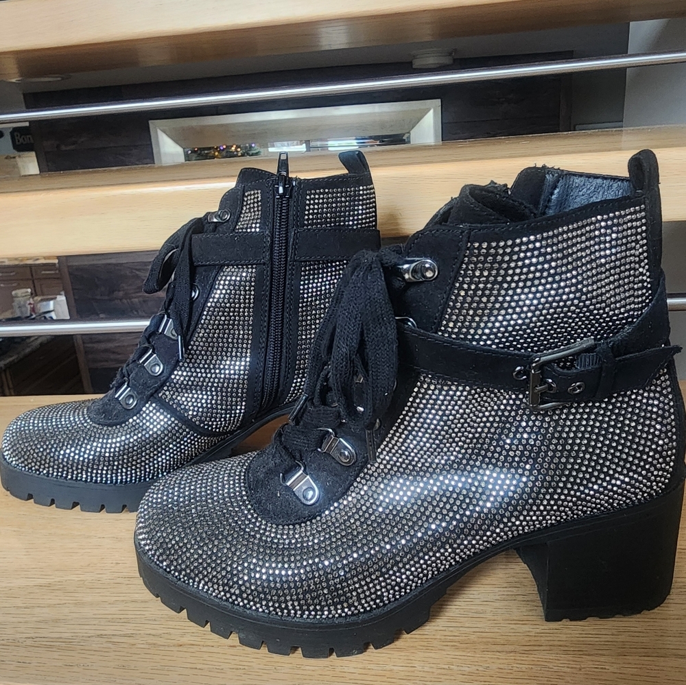 Black and Silver Rhinestone Studds Women's Ankle Boots